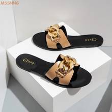 New Ladies Slippers 2021 Summer Slides Fashion Black Metal Chain Decorated Flat Round Toe Women Slides Female Beach Shoes 2024 - buy cheap