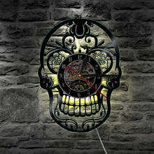 O dia do crânio morto relógio de parede gótico açúcar crânio vinil registro relógio de parede bateria operado iluminação led sala estar decoração 2024 - compre barato