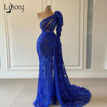 Sexy See Thru Royal Blue Lace Mermaid Evening Dresses One Shoulder Side Split Formal Dresses Women Party Night Long Prom Gowns 2024 - buy cheap