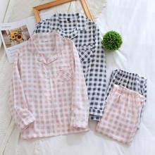 Japanese spring and autumn new couple pajamas 100% cotton double-layer gauze women's casual home clothes long-sleeved plaid men 2024 - buy cheap