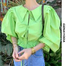 Genayooa Spring 2021 Ruffled Blouse Women Flare Sleeve Green Tops Korean Women's Shirt Chic Summer Lace Up Elegant Office Blusas 2024 - buy cheap