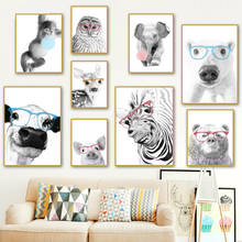 Óculos engraçados zebra urso veados piggy cão crianças nordic posters e cópias da arte da parede pintura da lona fotos parede para sala de estar 2024 - compre barato