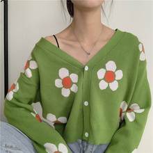 2020 New College Style Flower Cropped Knitted Cardigan Elegant Loose Thicked V-neck Sweaters Coat Women Crop Tops Sueter Mujer 2024 - buy cheap
