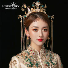 Himstory estilo chinês tradicional nupcial ouro headdress azul floral antigo hairpins frisado casamento jóias acessórios de cabelo 2024 - compre barato