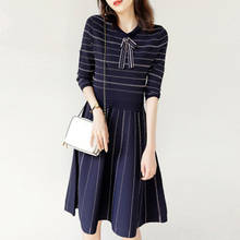 2020 outono inverno coreano elegante a linha de tricô vestido feminino novo listrado malha camisola vestido senhoras magro vestido casual 2024 - compre barato