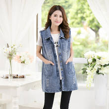 #3315 Ripped Denim Vest Women Multi-pockets Vintage Woman Vest Waistcoat Female Sleeveless Jacket Vest Coat Mid-Long Waistcoat 2024 - buy cheap