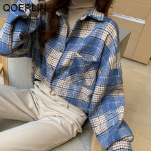 QOERLIN-camisa Vintage a cuadros para mujer, camisa de mezcla de lana gruesa, Harajuku de manga larga con bolsillo, blusa de gran tamaño, abrigo Plus, primavera 2021 2024 - compra barato