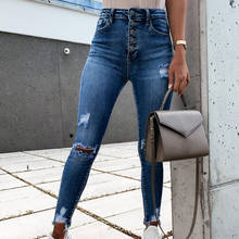 Autumn Hole Pencil Denim Women's Pants Solid High Waist Long Female Trousers 2021 New Fashion Streetwear Casual Ladies Bottom 2024 - buy cheap