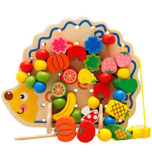 Wooden Fruits Vegetables Lacing Stringing Beads Toys With Hedgehog Board Montessori Educational Toy Puzzle Gift Kids Toy 82PCS 2024 - buy cheap