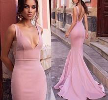 Женское длинное атласное платье-Русалка, привлекательное розовое вечернее платье с V-образным вырезом, на молнии сзади, платье для вечеринки 2024 - купить недорого