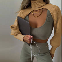 Suéter crop top feminino com manga lanterna, pulôver gola alta casual básico outono inverno 2024 - compre barato