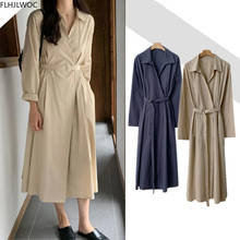 Vestido longo moda coreana, vestido básico de outono elegante escritório feminino manga comprida gola em v cinto camisa vestidos sólidos 2024 - compre barato