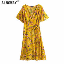 Vintage chic women yellow Floral print short sleeve beach Bohemian maxi sundress Ladies cross V neck happie Boho dress vestidos 2024 - buy cheap