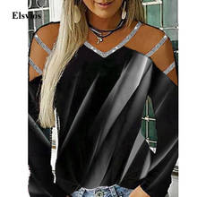 2021 лeтo oткрытыe плeчи блузка с длинными рукавами женский сексуальный v-образный вырез принт со сверкающими блёстками футболка Топы с длинным рукавом длиной до пола для Blusas пуловер 2024 - купить недорого