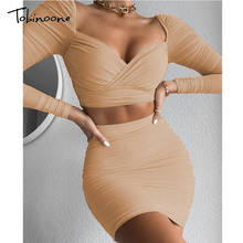 Tobinoone Khaki Long Sleeve Pleated Mesh Woemn Two Piece Set Ruched Crop Top And Mini Skirt Suits Female Autumn Sets Outfits 2024 - buy cheap