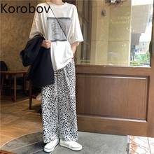 Korobov 2020 Summer Streetwear Women Suits Korean Summer O Neck Short Sleeve T Shirts and High Waist Wide Leg Pants Sets 2024 - buy cheap