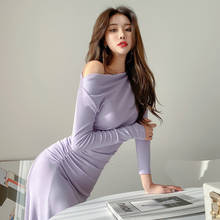 Elegante Vestido largo de cuello de barco para mujer, vestido ajustado fruncido de corte en A, Sexy, coreano, plisado, para fiesta, otoño de 2020 2024 - compra barato