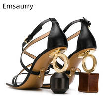 Sexy Building Blocks Heel Sandals Women Genuine Leather Narrow Band Sexy Open Toe Cover Heels Unique Strange Heel Party Shoes 2024 - buy cheap