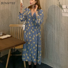 Dresses Women Turn-down Collar Floral Elegant Sweet Lovely Korean Style Fashion Leisure Lantern Sleeve High Waist Female Vestido 2024 - buy cheap