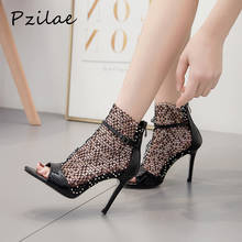 Pzilae 2020 new women ankle boots sandals high heels sexy chelsea booties peep toe party pumps rhinestone mesh ladies shoes 2024 - buy cheap