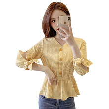 Women's Spring Summer Style Blouses Shirts Women's V-Neck Plaid Lace Up Solid Color Three Quarter Sleeve Casual Tops SP782 2024 - buy cheap