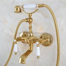 Cor do ouro de Bronze Wall Mount Banheira Estilo Telefone Torneira Do Banheiro Mixer Toque Torneira com Punho Duplo Handshower Nna865 2024 - compre barato