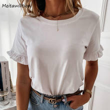 Women Elegant Ruffle Short Sleeve Tee Shirt Casual Solid O-Neck Cotton White T-Shirt 2020 Summer Lady Basic Tops 2024 - buy cheap