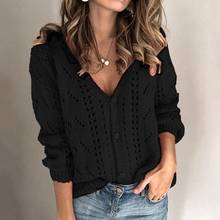 Button Up Knitted Cardigan Long Sleeve Sexy Tricot Sweater Coats Women Sweater Hollow Out Low V-Neck Knitwear Tops 2024 - buy cheap