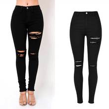 Jeans preto rasgado buraco feminino cintura alta elástica irregular desgaste joelho borla quebrada jeans justo para mulheres 2024 - compre barato