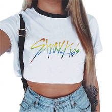 Camiseta feminina kpop stray, manga curta, moda hip hop, harajuku, cortada, com letras impressas, roupas femininas 2024 - compre barato