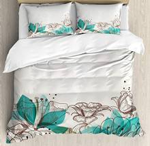 Turquoise Duvet Cover Set Retro Floral Background with Hibiscus Silhouettes Dramatic Romantic Nature Art Decorative 3 Piece Bed 2024 - buy cheap