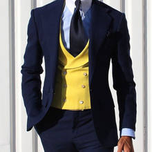 Мужской облегающий костюм, повседневный желтый жилет, темно-синие брюки, свадебный смокинг для мужчин, модная куртка 2021, 3 предмета 2024 - купить недорого