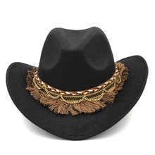 Mistamanhecer chapéu de vaqueiro ocidental, fantasia de cowboy, chapéu de lã, aba larga, borla trançada, tamanho 56-58cm bbg 2024 - compre barato