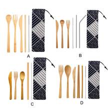 Conjunto de talheres de bambu estilo japonês, para casa, canudo, colher, garfo, conjunto com bolsa de pano, utensílios de cozinha 2024 - compre barato