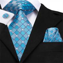 Hi-Tie-Corbata de 8,5 cm para hombre, 100% nueva corbata de seda, regalo para hombres, corbata a cuadros azules, pañuelo clásico para fiesta, boda, gemelos, conjunto de corbata de moda 2024 - compra barato