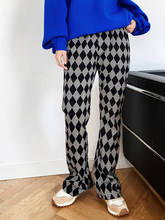 2021 nova primavera calças femininas casual estiramento cintura alta xadrez stright calças femininas de malha outwear roupas primavera 2024 - compre barato