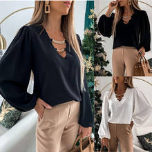 Spring Summer Elegant Loose Long-Sleeved V-Neck Chain Decoration Splicing Shirt Woman's Fashion Casual Solid Color Blouse Femme 2024 - buy cheap