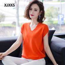 XJXKS-Camiseta de punto con cuello en V para mujer, ropa de algodón de manga corta lisa, ajustada, Primavera, 2020 2024 - compra barato