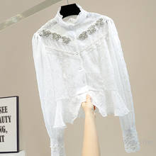 Camisa blanca con cuentas de diamantes para mujer, blusa de encaje con dobladillo Irregular de hoja de loto, blusa de cuello alto de una hilera 2024 - compra barato