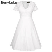 Vestido de verano informal con cuello de pico profundo para mujer, prenda Sexy de cintura alta con encaje blanco, de corte A, con Pin Up 2024 - compra barato