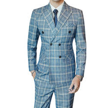 ( Jacket + Vest + Pants ) High-end Groom Formal Wedding Dress Tuxedo Mens Business Casual Plaid Double Breasted Suit 3 Pcs Set 2024 - buy cheap