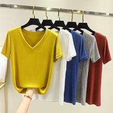 Camiseta informal de algodón para mujer, ropa de manga corta acanalada, básica con cuello en V, talla grande, Color caramelo 2024 - compra barato