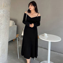 Women's Spring V-Neck Solid Color Pearl Off-Shoulder Dress Plus Size Calf Length Casual Wear 100 Kg Can Be Worn 2024 - buy cheap