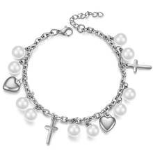 KOtik 2022 New Gold Silver Color Stainless Steel Heart Cross Bracelets Bangles Simulated Pearl Charm Bracelet for Woman 2024 - buy cheap