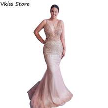 Vkiss Evening Dress 2020 Mermaid Backless Beading Illusion Sexy V-neck Sleeveless Pink Sweep Train Prom Dress вечернее платье 2024 - buy cheap