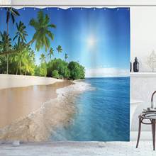 Blue Shower Curtain Ocean Tropical Palm Trees on Sunny Island Beach Scene Panoramic View Picture Bathroom Decor Set 2024 - buy cheap