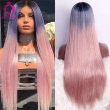 OLEY-peluca sintética recta con malla frontal para mujeres negras, cabellera de color rosa, resistente al calor, de 20 a 24 pulgadas, color azul degradado, para Cosplay 2024 - compra barato