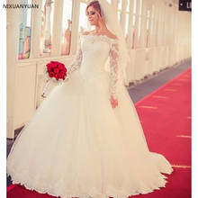 Vintage Tulle Full Sleeve Boat Neck Ball Gown Wedding Dresses 2021 Princess Lace up Back Sweep Train Wedding Gowns 2024 - buy cheap