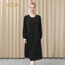 VOA Silk Black Jacquard Round Neck High Quality Luxury Silk Wood Ear Tuck Stitching Long Sleeve Loose Waist Spring Dress AE311 2024 - buy cheap