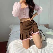 New Lace Stitching High Waist Pleated Corduroy Skirt Brown Vintage Aesthetic School Girl Mini Skirt Kawaii A-Line Ladies Clothes 2024 - buy cheap